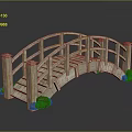Arched Wooden Bridge With Rustic Railings And Green Accents On Dark Background