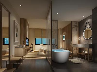 Modern Elegant Hotel Bathroom With Freestanding Bathtub Round Mirror And Wooden Decor 3d model