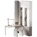 Modern Minimalist Desk Setup With White Cabinets Bookshelf Table Lamp And Coffee Cup