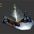 Small Wooden Cabin With Silver Metal Roof Ring Ornament And Blue Tower Trees On Icy Platform