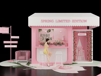 Spring Limited Edition Floral Display With Pink Rose Decor And Bar Counter Seats 3d model