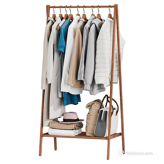 Entryway Hallway With Wooden Clothes Rack Hanging Various Clothes Bags And Hat 3d model 