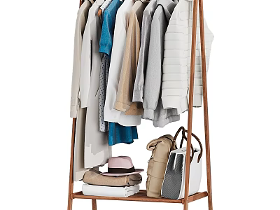 Entryway Hallway With Wooden Clothes Rack Hanging Various Clothes Bags And Hat 3d model