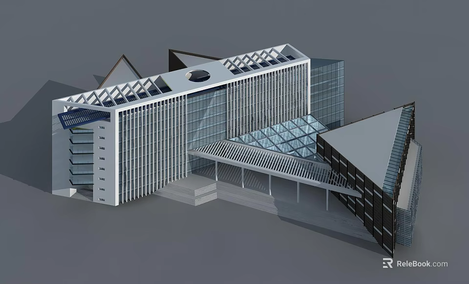 Modern Architectural Building With Geometric Roof Glass Curtain Wall And Multi Storey Design 3d model 