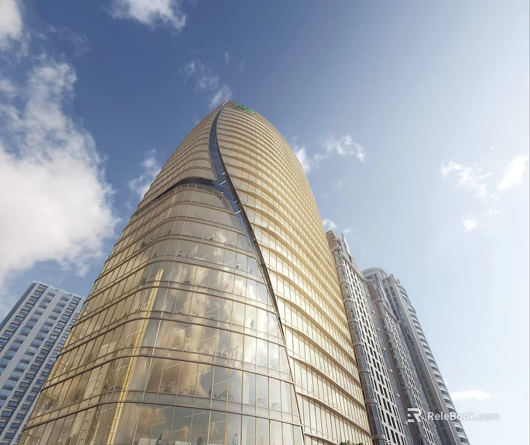 Tall Modern Office Building With Curved Glass Facade And Blue Sky Surroundings 3d model 
