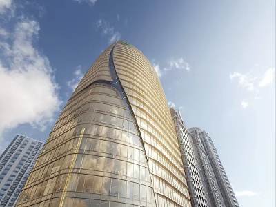 Tall Modern Office Building With Curved Glass Facade And Blue Sky Surroundings 3d model