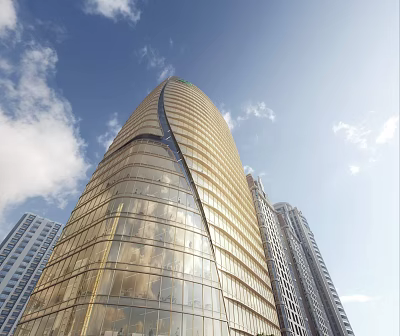 Tall Modern Office Building With Curved Glass Facade And Blue Sky Surroundings 3d model