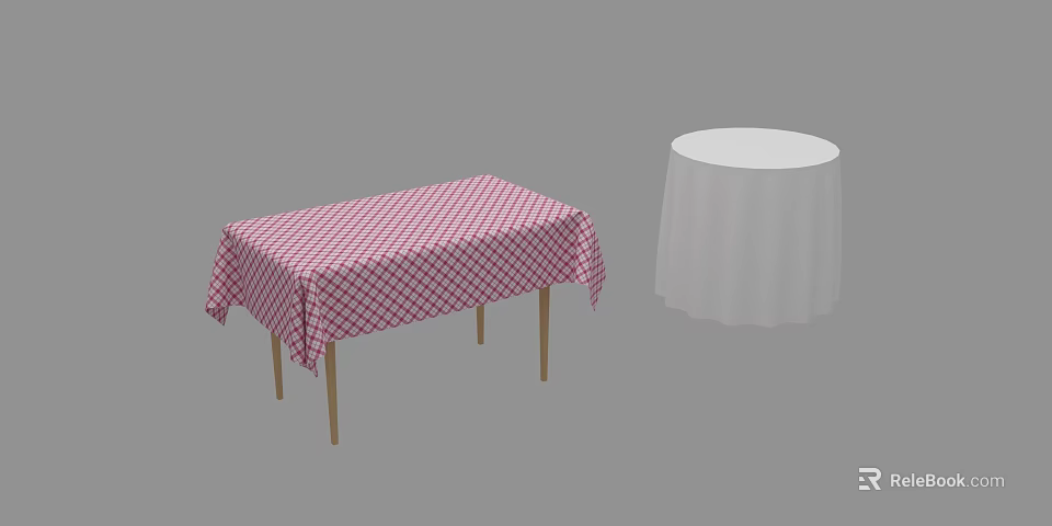 Rectangular And Round Dining Tables With Checkered And White Tablecloths And Wooden Legs 3d model