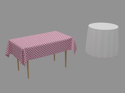 Rectangular And Round Dining Tables With Checkered And White Tablecloths And Wooden Legs 3d model
