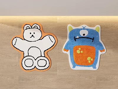 Cute White Teddy Bear and Blue Monster Shaped Rugs for Kids Bedroom with Orange Details 3d model