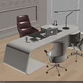 Modern White Office Desk With Laptop Desk Lamp Red Leather Chair And Window Blinds
