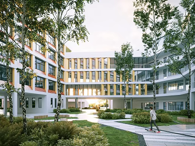 Modern Multi story School Building With Large Windows Green Courtyard Trees And Lawns 3d model