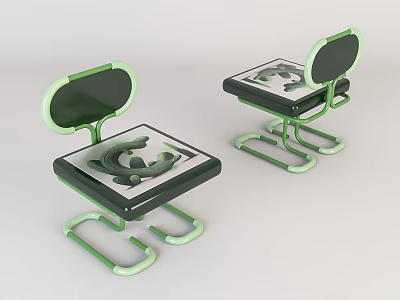 Two Modern Leisure Chairs with Green Frame and Square Patterned Seat Cushion 3d model