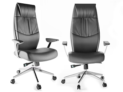 Modern Black Leather Office Chair with High Back Armrests and Silver Five-Pointed Casters 3d model