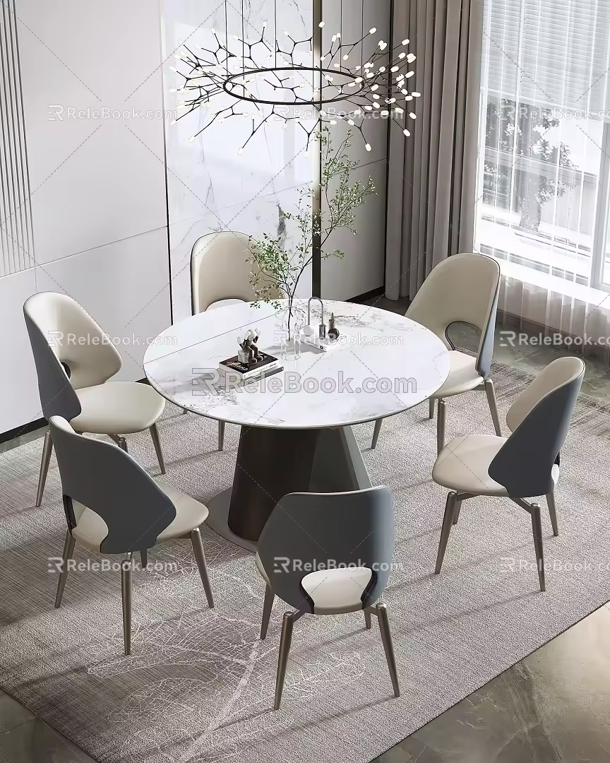 Rock Board Round Table Jumping Table Dining Table and Chair Combination White Rock Board Dining Table and Chair 3d model