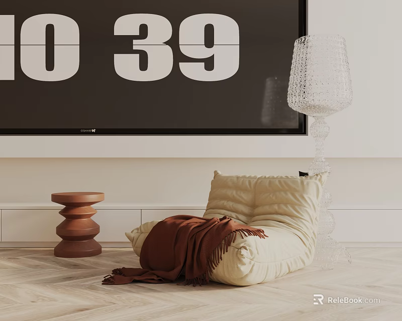 Cozy Beige Leisure Chair With Brown Blanket And Transparent Floor Lamp On Wooden Floor 3d model 