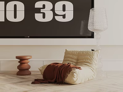 Cozy Beige Leisure Chair With Brown Blanket And Transparent Floor Lamp On Wooden Floor 3d model