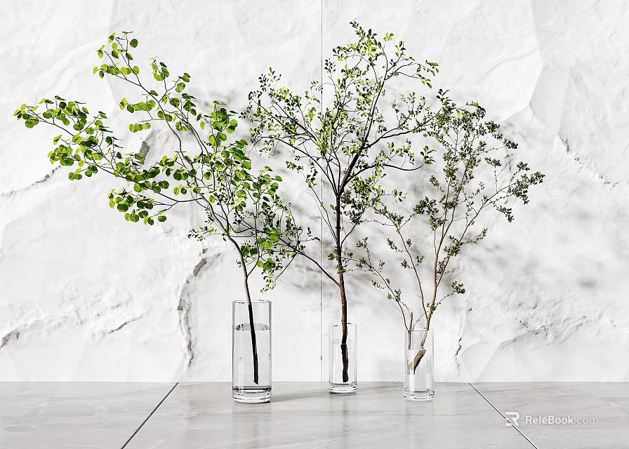 Three Transparent Vases With Green Branches Against White Marble Background And Light Floor 3d model 