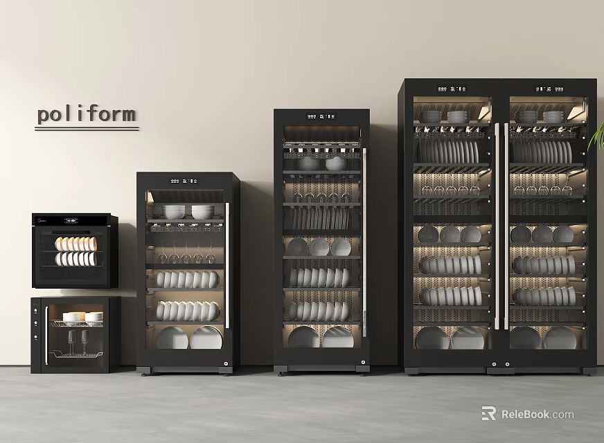 Poliform Modern Black Kitchen Cabinets With Glass Doors Displaying Plates Cups And Bowls 3d model 