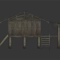 Traditional Stilted Wooden Building With Corrugated Iron Roof Staircase And Thatched Overhang Design