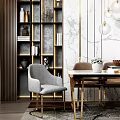 Elegant Dining Table Set with Gray Chairs Golden Legs Modern Pendant Lights and Marble Wall