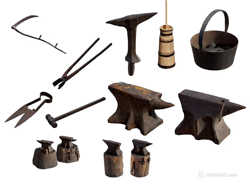 Hardware Tools Collection Including Traditional Anvils Tongs Hammers Bucket Axe And Stakes 3d model 