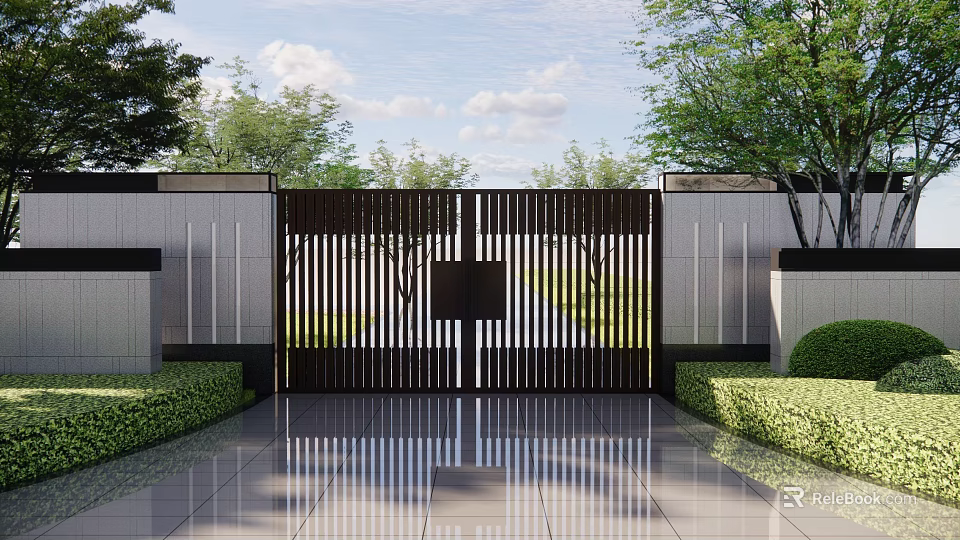 Building Exterior Wall Featuring Black Vertical Slat Gate White Wall And Green Plants 3d model 