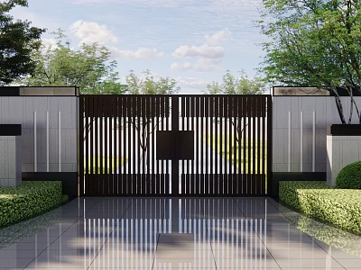 Building Exterior Wall Featuring Black Vertical Slat Gate White Wall And Green Plants 3d model