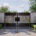 Building Exterior Wall Featuring Black Vertical Slat Gate White Wall And Green Plants