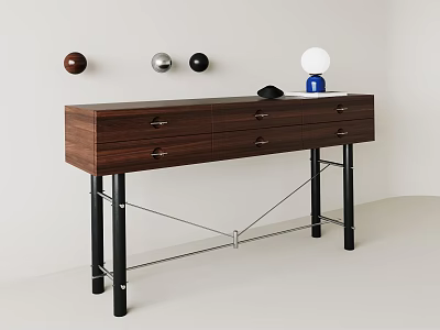 Modern Walnut Wood Console Table With Metal Legs Drawers And Decorative Balls Lamp 3d model