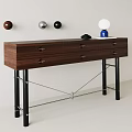 Modern Walnut Wood Console Table With Metal Legs Drawers And Decorative Balls Lamp