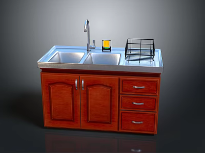 Wooden Kitchen Sink Cabinet With Stainless Steel Double Sink Faucet And Dish Rack 3d model