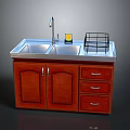 Wooden Kitchen Sink Cabinet With Stainless Steel Double Sink Faucet And Dish Rack