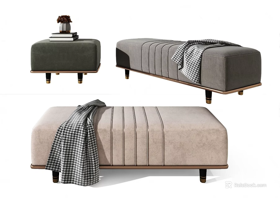 Modern Ottoman with Wooden Legs Checkered Blanket Books and Vase Decor 3d model 