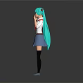 3D Anime Character With Turquoise Long Hair Red Bow Tie And Blue Skirt