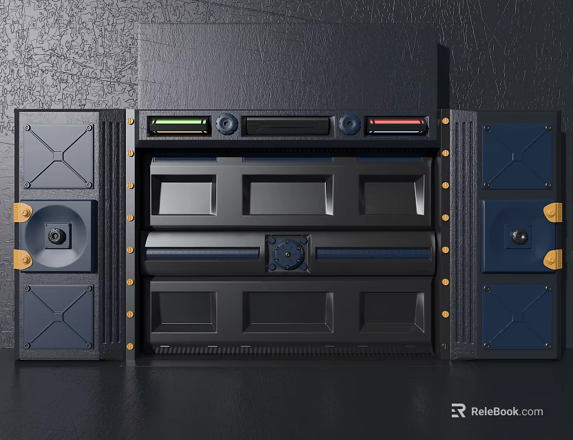 Dark Industrial Control Panel With Metal Components Drawer Structure And Gold Accents 3d model