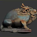 Iridescent Mythical Toad Statue With Dragon Horns Scales Coin Motifs And Stone Base