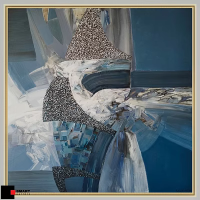 Framed Abstract Painting With Blue White Black Tones And Textured Geometric Shapes 3d model