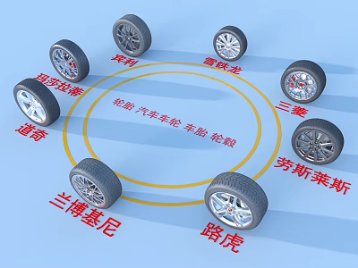 Various Branded Tires Including Michelin Goodyear Dodge Lamborghini Land Rover Rolls Royce Mitsubishi BMW Hyundai 3d model