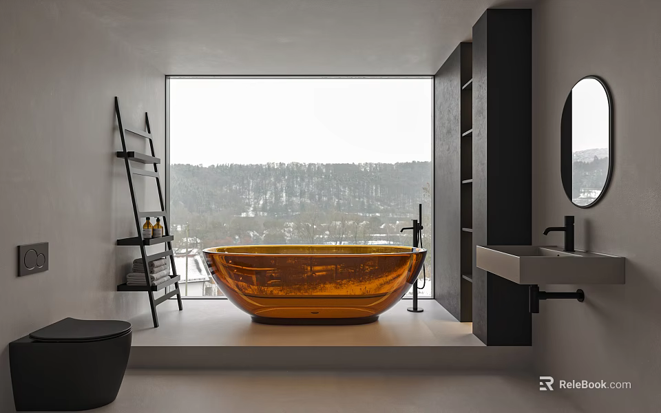 Modern Bathroom Interior With Large Window Orange Bathtub Black Shelving And Mirror 3d model 