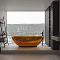 Modern Bathroom Interior With Large Window Orange Bathtub Black Shelving And Mirror
