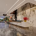 Modern Hotel Lobby With Circular Ceiling Lights Moon Shaped Decor Green Plants And Marble Floor