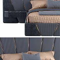 Elegant Striped Double Bed With Gold Accents Navy Blue Beige Bedding And Decorative Pillows