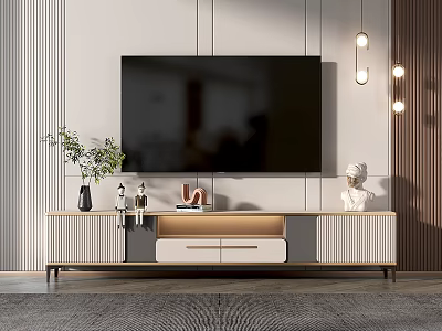 Modern TV Stand With Storage Drawers And Decorative Items Under Wall Lights 3d model