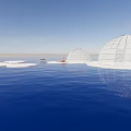 Garden Landscape Featuring Transparent Domes On Water With People Relaxing Under Blue Sky
