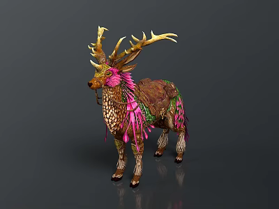 Colorful Decorated Deer with Ornate Antlers and Feather Like Patterns in Decorative Art Style 3d model