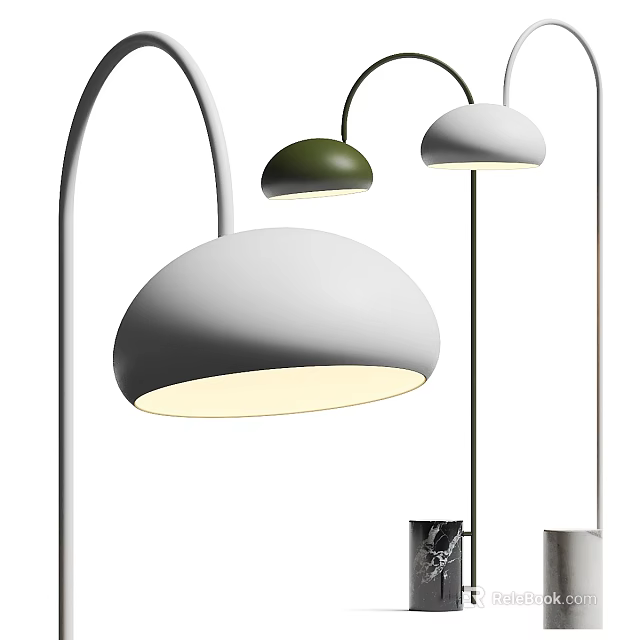 Modern Floor Lamp Design With White And Green Dome Shades And Curved Metal Stands 3d model 