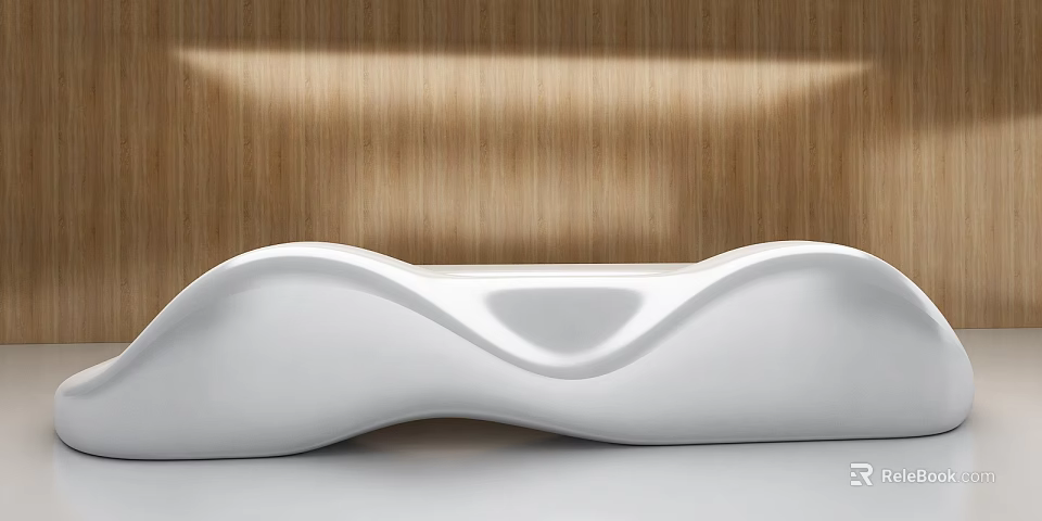 Modern White Reception Desk With Curved Design And Wooden Backdrop Wall 3d model 