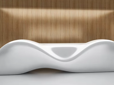 Modern White Reception Desk With Curved Design And Wooden Backdrop Wall 3d model