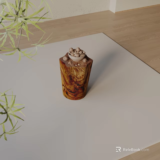 Natural Wooden Cylindrical Side Table With Decorative Top On Light Mat And Bamboo Leaves 3d model 